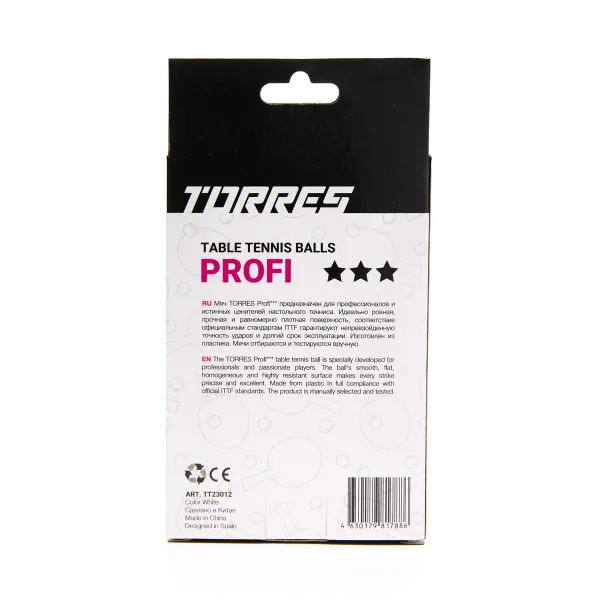 Мяч для наст. тенниса TORRES Profi 3*, TT23012, диам. 40+мм, упак. 6 шт, белый за 338.30 ₽ в Красноярске