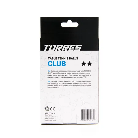 Мяч для наст. тенниса TORRES Club 2*, TT23014, диам. 40+мм, упак. 6 шт, белый